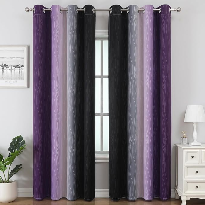 Estelar Textiler Black and Purple Ombre Blackout Curtains for Bedroom, Thermal Insulated Gradient Blackout Drapes, Full Room Darkening Energy Saving Curtains for Living Room, 52Wx96L, 2 Panels