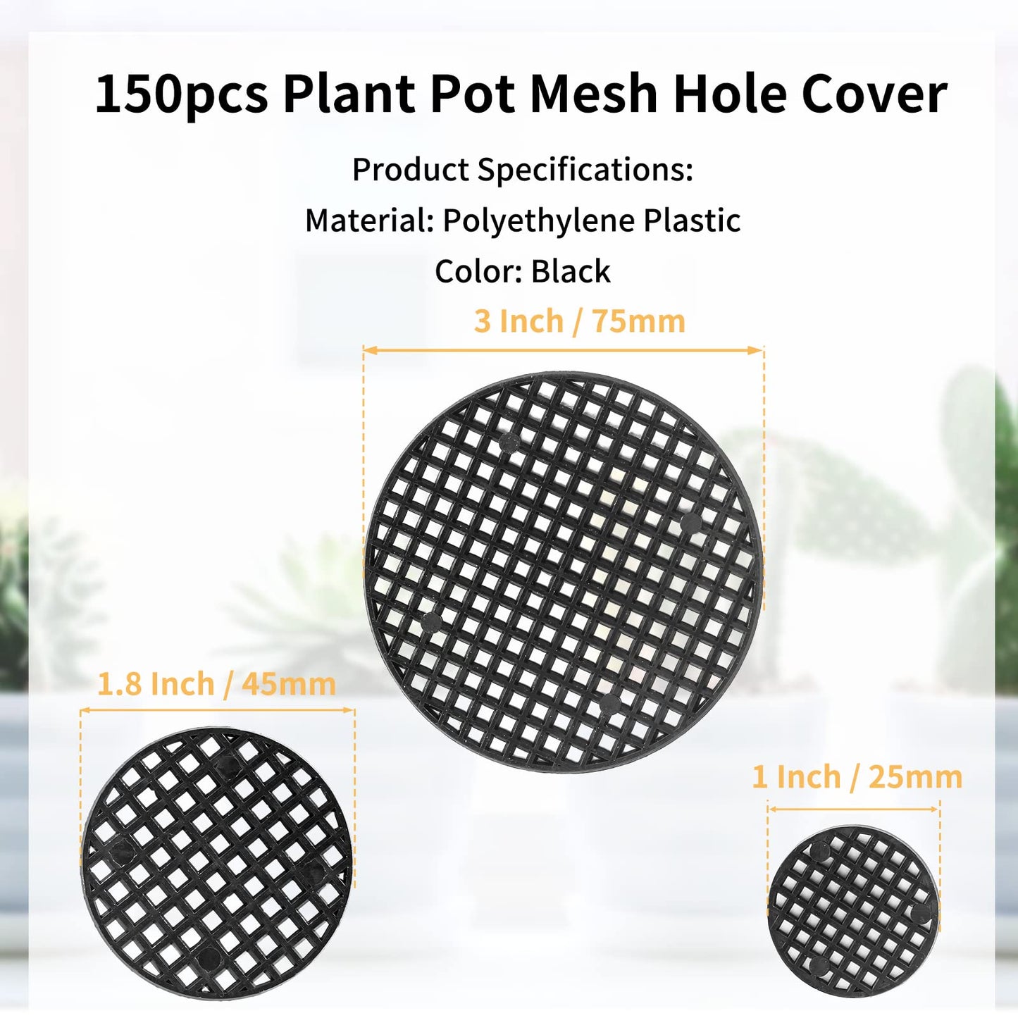 Bivethoi 150pcs Plant Pot Hole Cover - Bonsai Drainage Mesh Screens (3 Sizes, Black)
