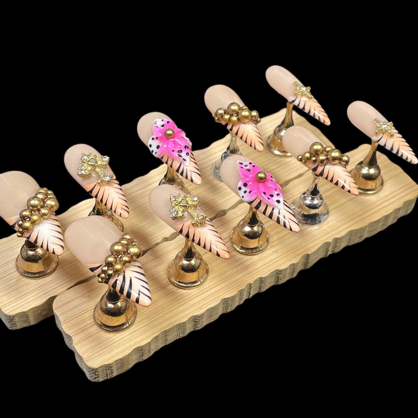 Luxury Handmade Press On Nails, Nude Pink Stiletto Tips with Gold Chains, 3D Flowers, Tiger Stripes, Reusable Acrylic False Nails (Tiger Luxe, L)