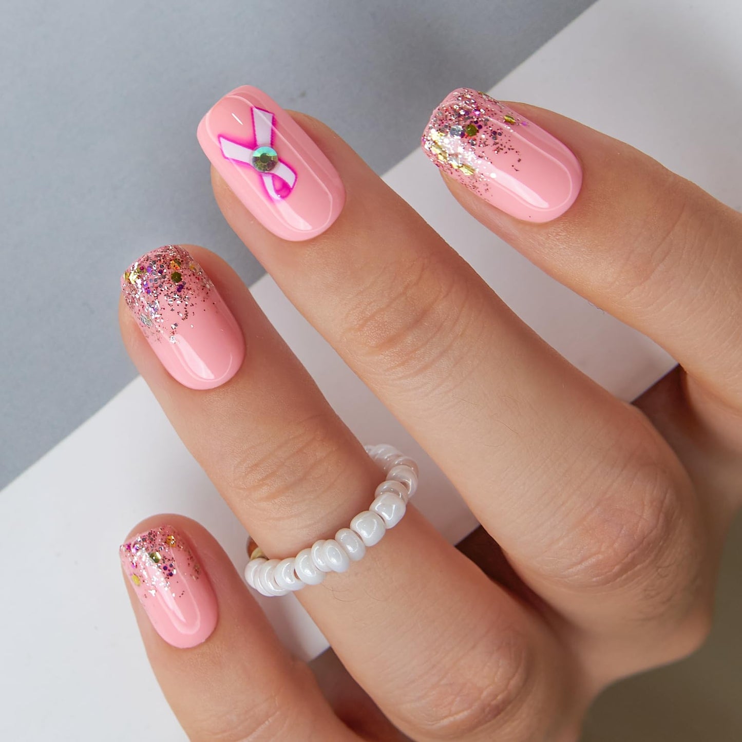 Curvlife Press On Nails Medium Square Pink - Breast Cancer Ribbon Press on Nails with Glue, Pink Ribbon Awareness Glitter Glossy Fake Nails Long Lasting False Nail Tips for Women