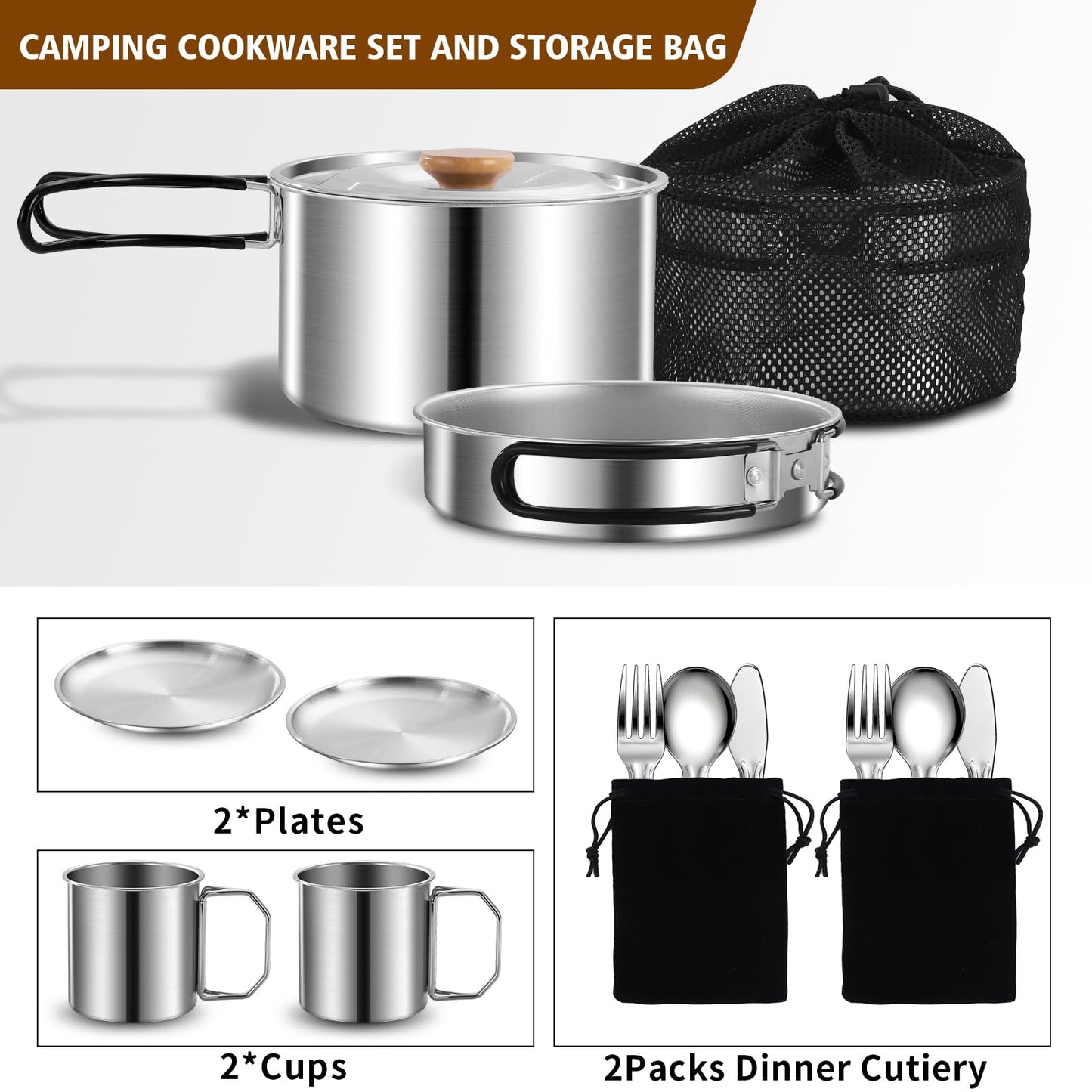 13Pcs Outdoor Camping Cookware Set, Lightweight Pot Pan with Stainless Steel Fork Spoon Kits、Cups and Plate, Perfect for Camping Trips and Climbing