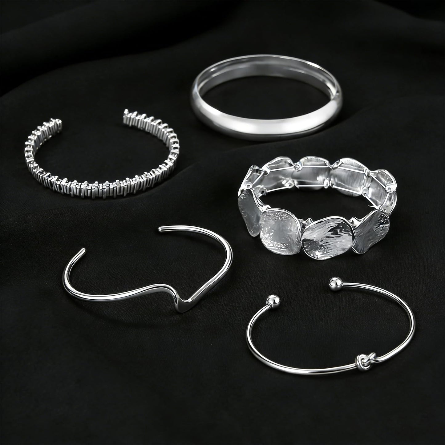 VEINARDYL Silver Bracelets set for Women, Silver Plated Bangles Cuff Bracelets Stack, Open Adjustable Bangles Fashion Accessories Jewelry Set for Gifts Birthday Valentines Day