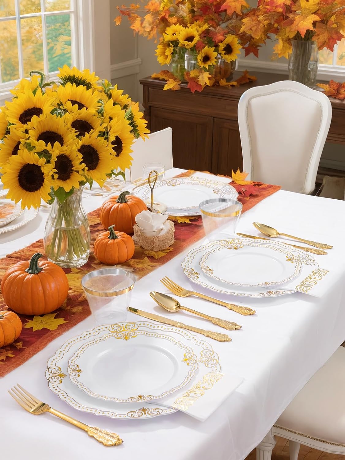 Ciaell 175 PCS White and Gold Plastic Plates - Fancy Gold Disposable Dinnerware Set with of 50 Plastic Plates, 25 Knives, 25 Forks, 25 Spoons, 25 Cups, 25 Napkins for Wedding, Party &Thanksgiving
