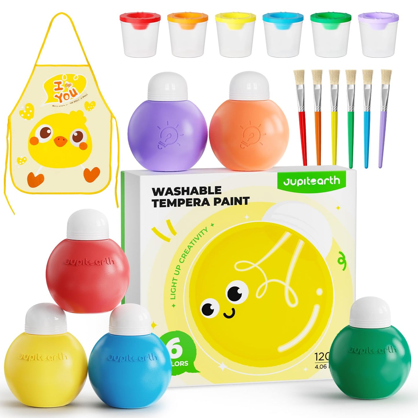 JUPITEARTH 6 Colors Washable Paint Set for Kids Ages 3-6, 4.06oz(120ml), Non-Toxic, Includes Brushes, Cups and Apron, Creative Gift for Toddlers and Preschoolers