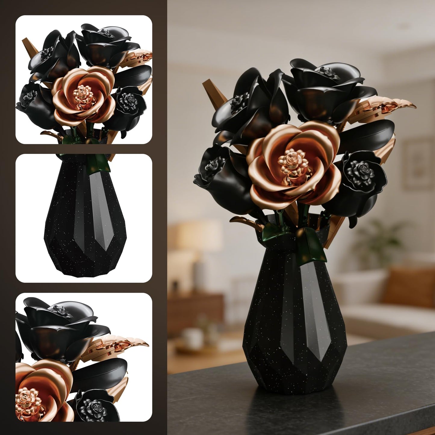 APENGBAOL Black Roses Flower Bouquet Building Set with Vase - 255 Pcs Botanical Collection with Rose Gold Accent Artificial Floral Centerpiece Gothic Home Decor Gift for Adults