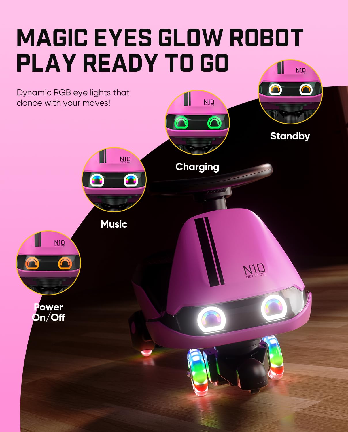 FanttikRide N10 Classic Electric Wiggle Car with Pedal, Type-C Rechargeable Battery, One-Click Detachable Mop, GlideWiz, Anti-Rollover, Flashing Wheels, Bluetooth, Ages 3+, 150 Lbs, Pink
