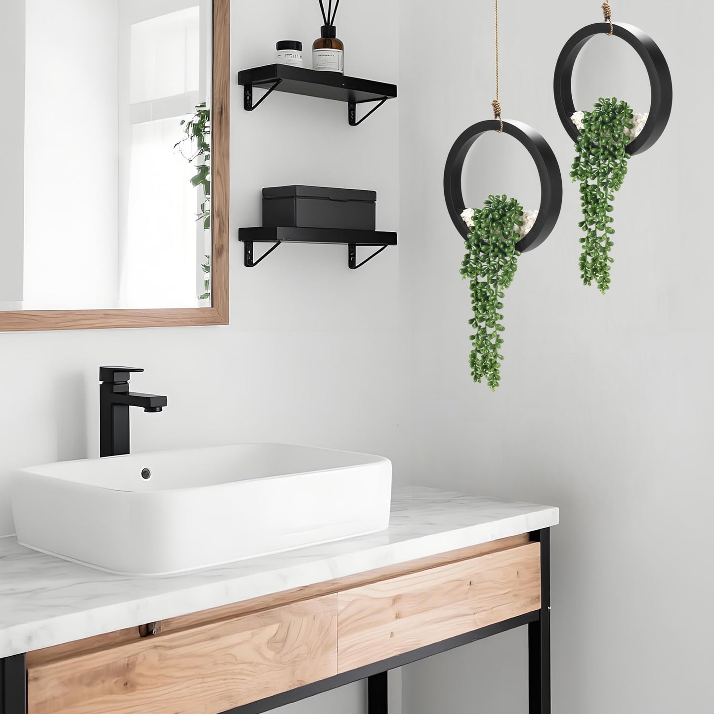 Der Rose 2 Pack Fake Plants Hanging Artificial Succulents Plants in Black Pots for Living Room Bathroom Accessories Boho Farmhouse Wall Decor