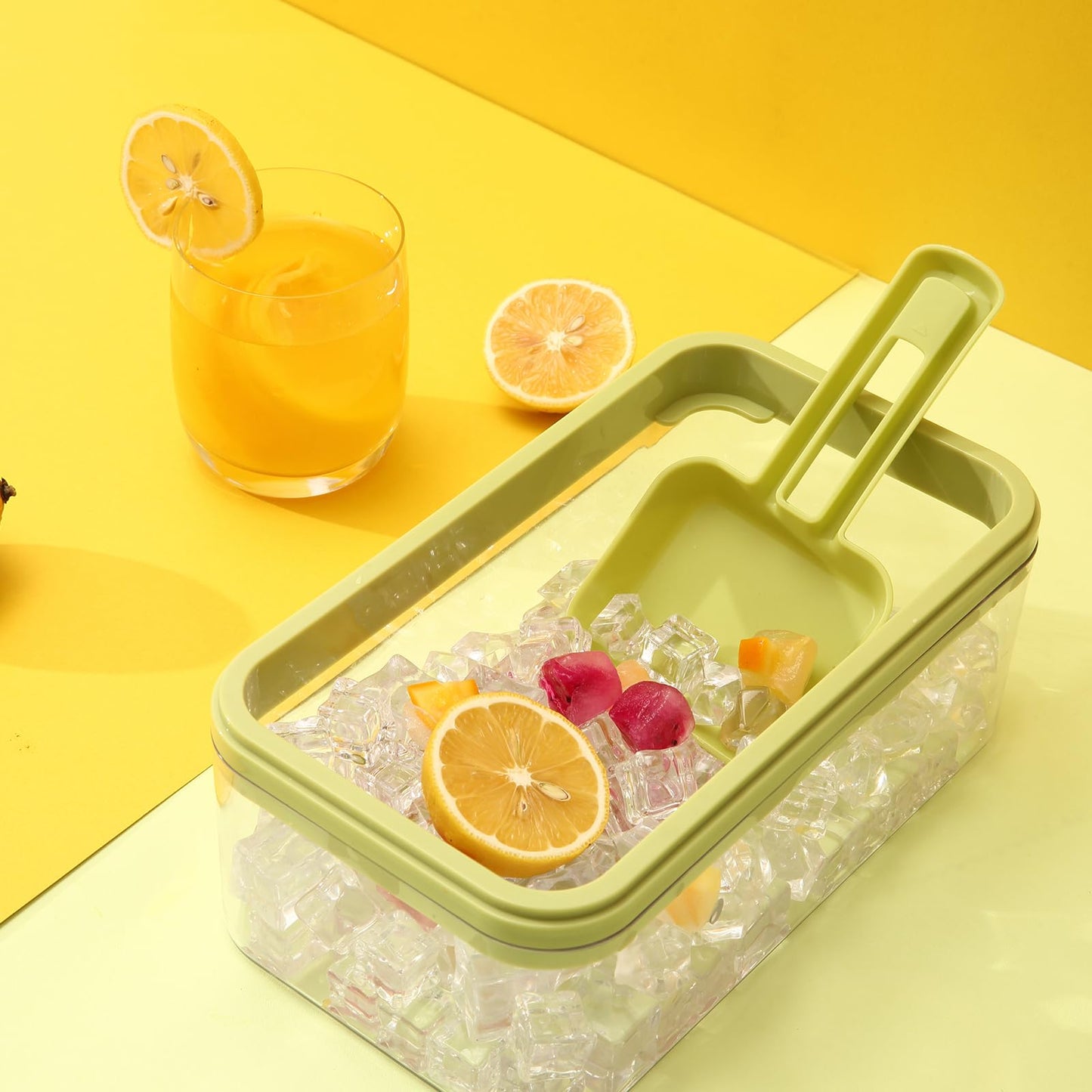 EuChoiz Ice Cube Tray with Lid Press Easy Release, Scoop and Bin Ice Trays for Freezer, Making 64 pcs Ice Cubes for Chilling Cocktail Whiskey Coffee Include 2 Trays and Storage Container, BPA Free