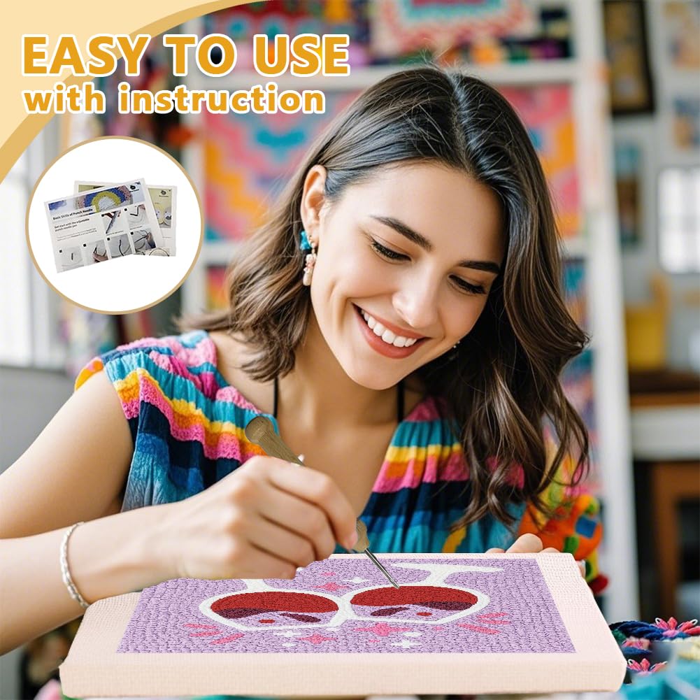 DOODLREAM Red Wine Glass DIY Punch Needle Embroidery Kit for Adult Beginner, 9.4" Cheers to The Red Wine Punch Stitching Craft Set for Starter with Frame, Fabric Pattern, Threader, Yarn, Punch Needle