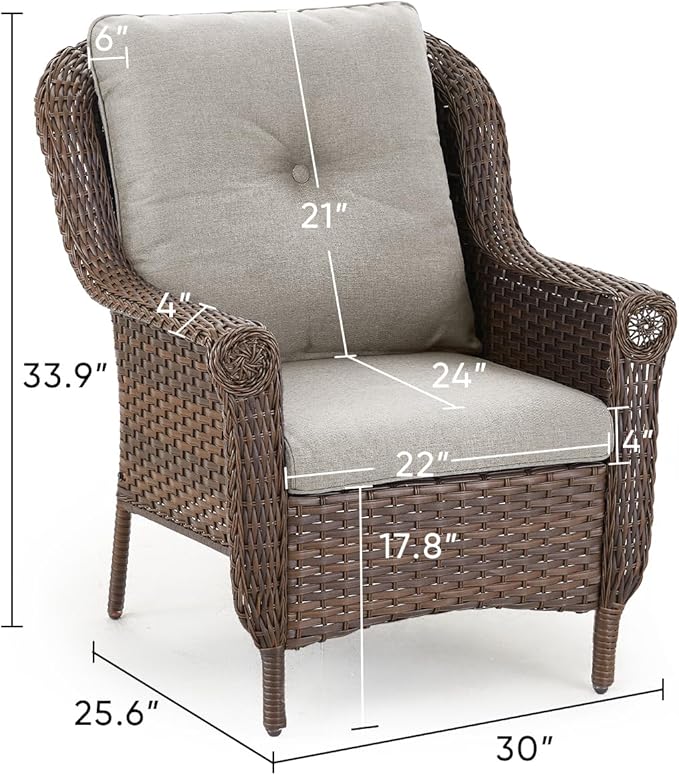 Patio Wicker Chairs Outdoor Furniture Chair - Set of 2 Outside All Weather Lawn Dining Brown Rattan Armchair with High Back&Deep Seating for Deck Porch Balcony Backyard Garden - Beige