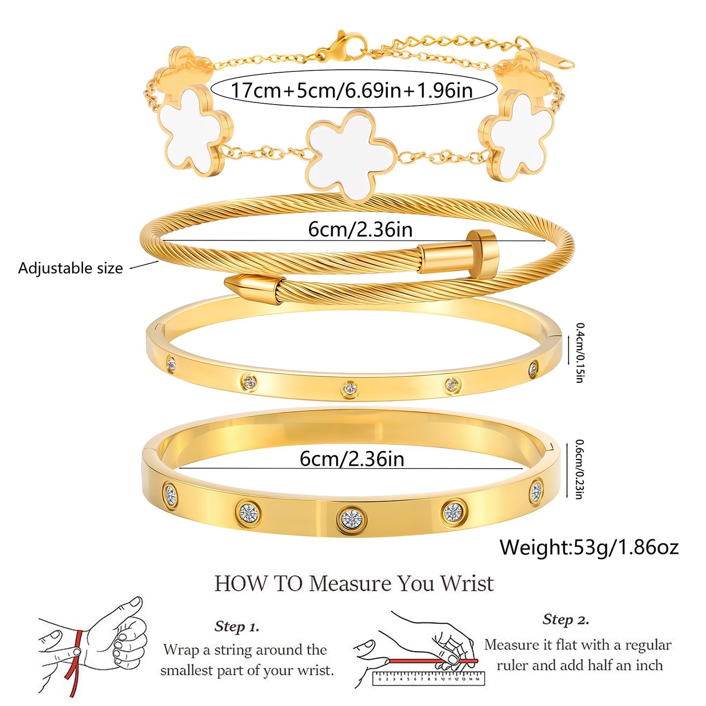ISELBDR 18K Gold Bracelets for Women - Stackable Clover & Nail Love Bangle Set - Non-Tarnish Stainless Steel Jewelry for Valentine's, Mother's Day & Christmas (White)