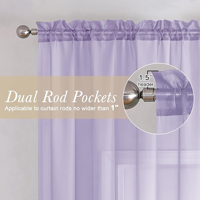 Lecloud Lavender Sheer Curtains 90 Inches Long 2 Panels Set, Light Filtering Solid Voile Drapes, Airy Privacy Window Decor Curtains with Rod Pocket for Living Room Girl's Bedroom, Each 42" W x 90" L
