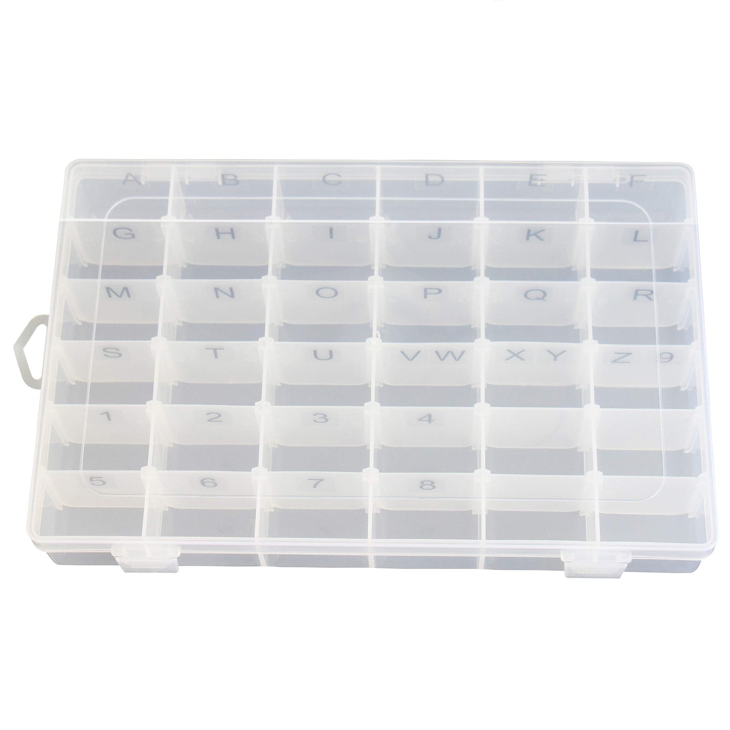 Plastic Organizer Container Box with Adjustable Dividers - 36 Compartments for Letter Board Letters - Stickers Pre Applied to Dividers
