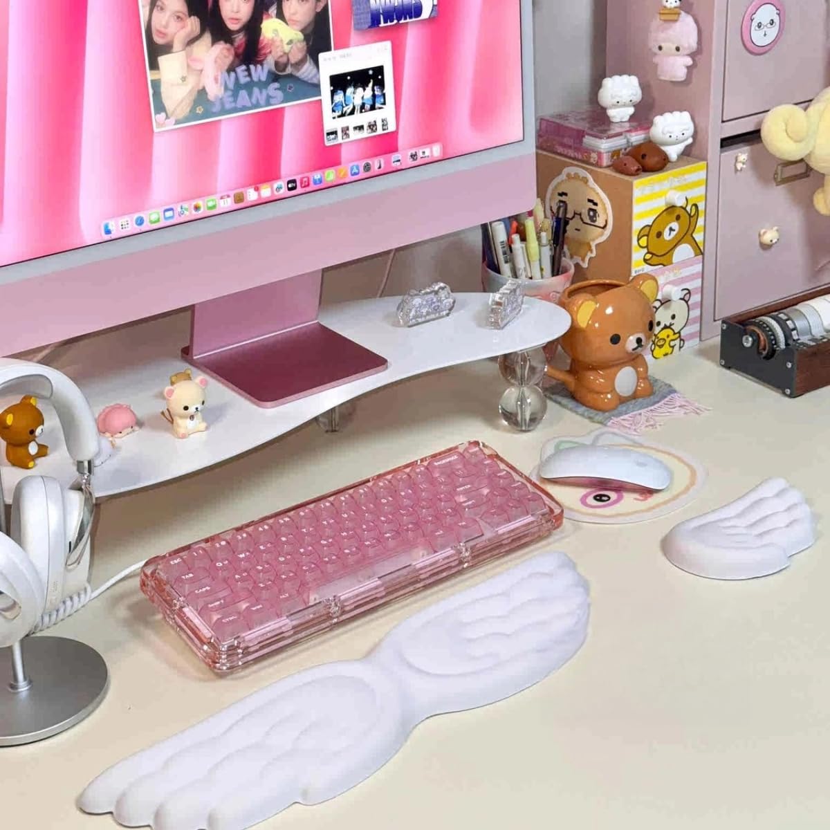 Angel Wing Wrist Rest Ergonomic Memory Foam Wrist Rest for Computer Keyboard Mouse Set, Cute Gaming Keyboard Cushion Hand Support PU Leather Surface Anti-Slip Waterproof White Angel Wing