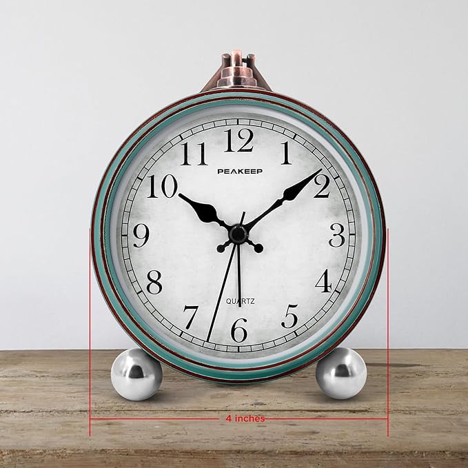 Peakeep 4" Small Battery Operated Analog Alarm Clock, Antique Retro Style