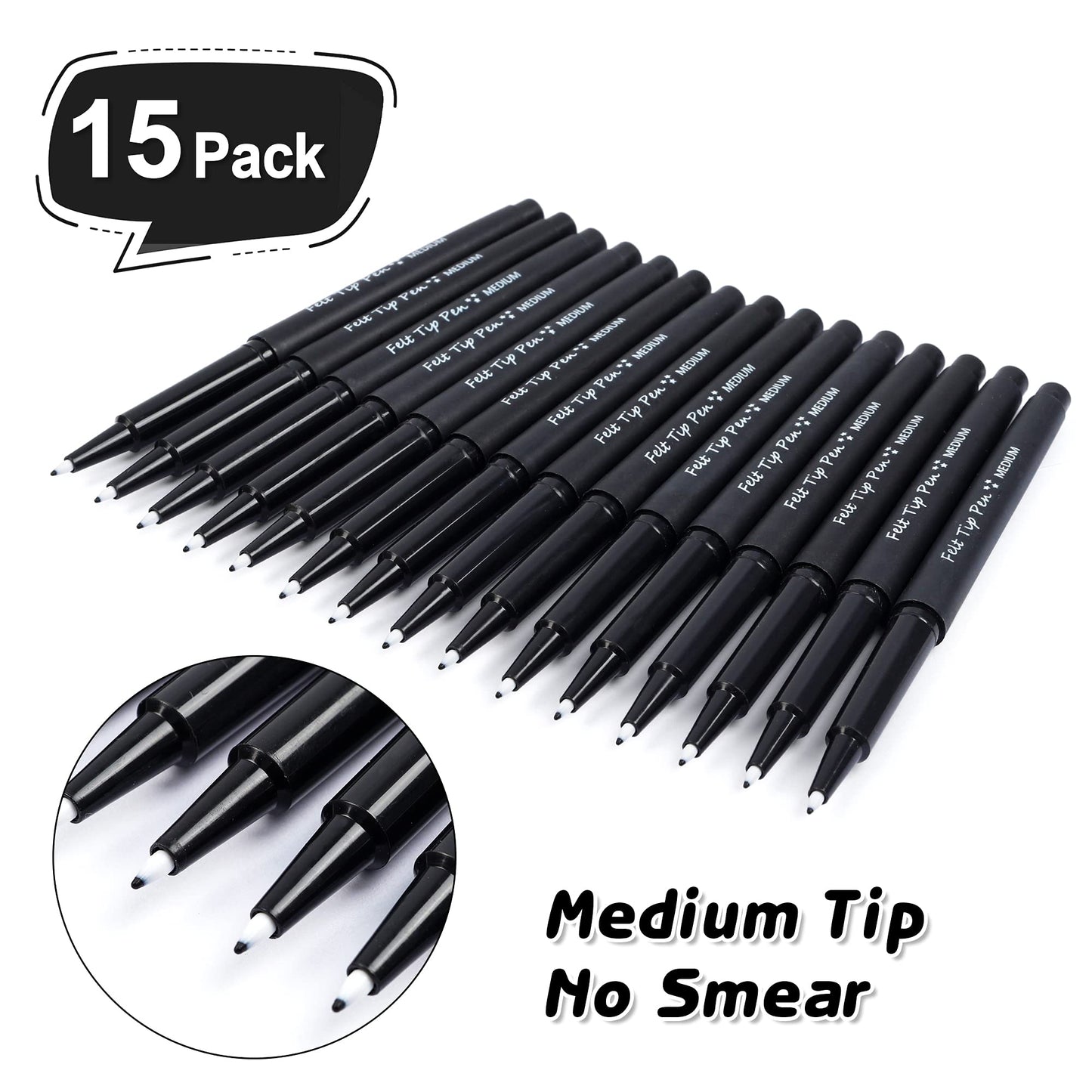 Lelix Felt Tip Pens, 15 Black Pack, 0.7mm Medium Point, Felt Tip Markers Pens for Journaling, Writing, Note Taking, Planner, Perfect for School Office and Art Supplies