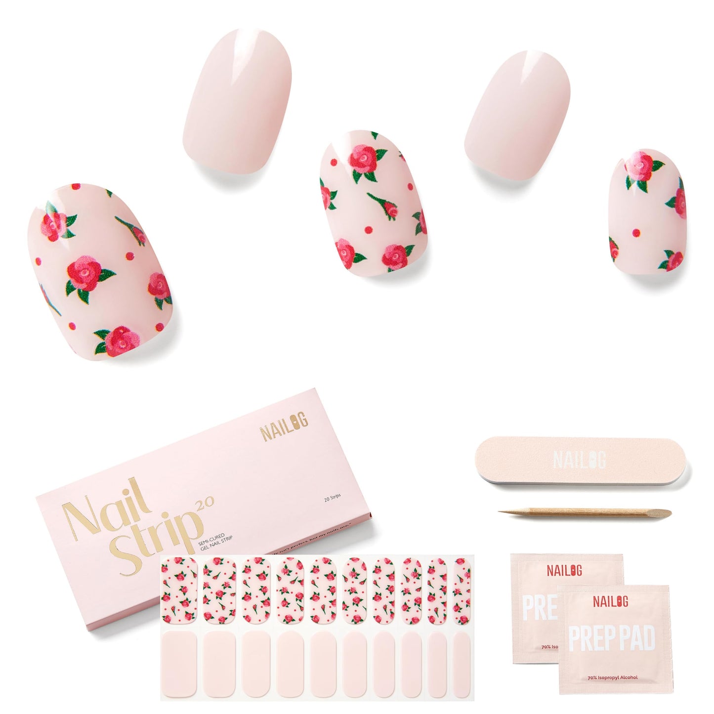 Semi Cured Gel Nail Strips - NAILOG 20 Pcs Pink Flowers Nail Stickers Extra Long Wraps with Glossy Gel Finishing for Spring Summer, Rosette