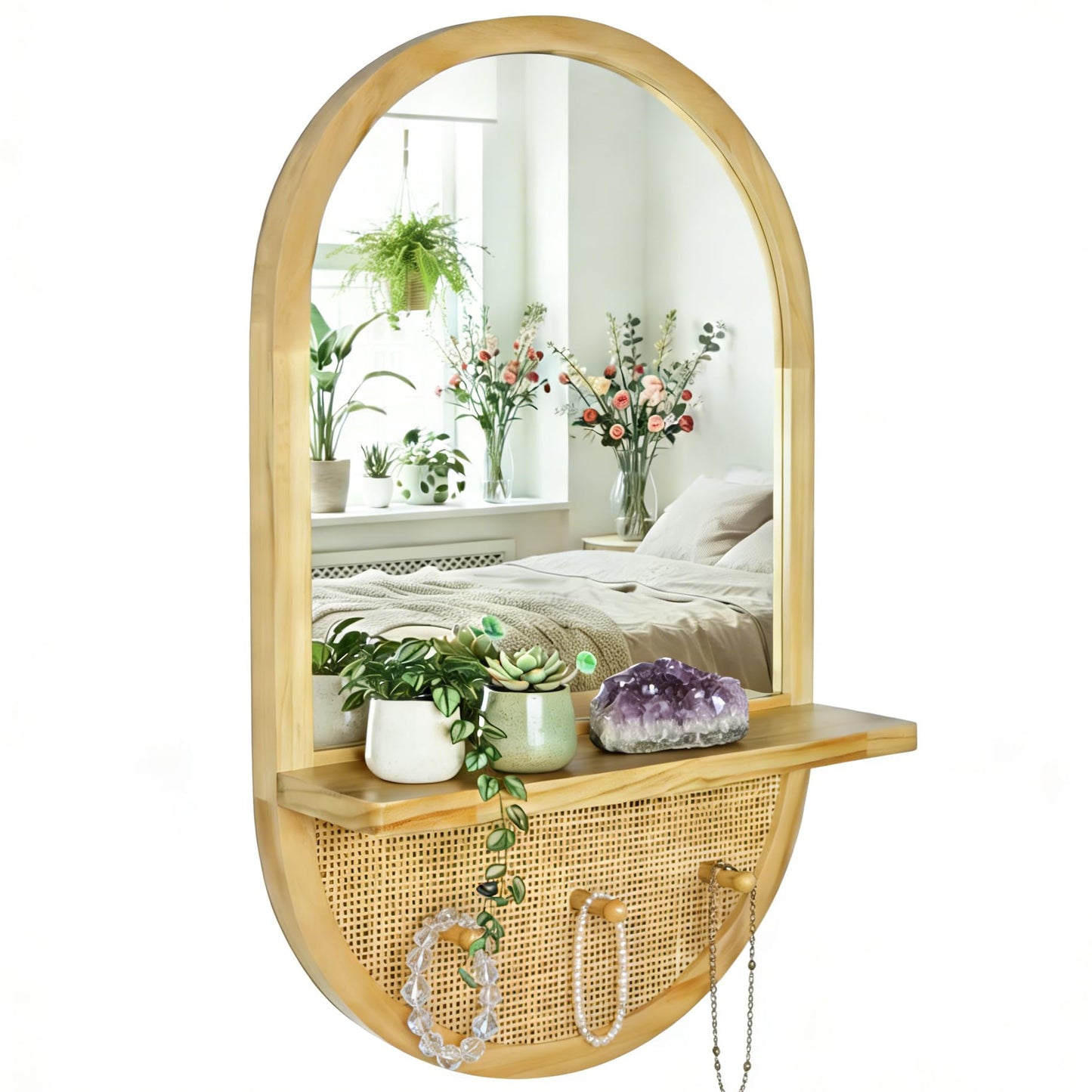 YXDXF Wood Wall Mirror with Hooks, 30x18 Inch Boho Wall Mirror with Removable Shelf, Oval Solid Wood Framed, Handmade Rattan Mirror Decor Accent for Entryway, Bathroom, Nursery, Bedroom, Living Room
