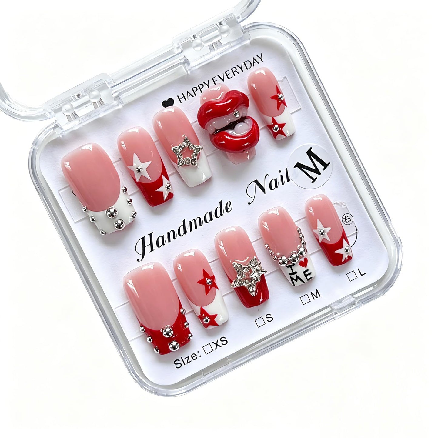 Medium Square Handmade Press on Nails Red White Star & 3D Lips Embellishment Luxury Thick Acrylic Fake Nails 3D Rhinestone Nails Press Ons Stick on Nail for Women 10Pcs (Size M)
