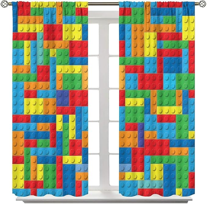 Colorful Building Block Toy Printed Curtains, Building Blocks, Curtains, Fun Brick 3D Design, Kids, Teens, Girls, Boys, Living Room, Bedroom, Window Treatment Panels, 2 Panels 55x63in
