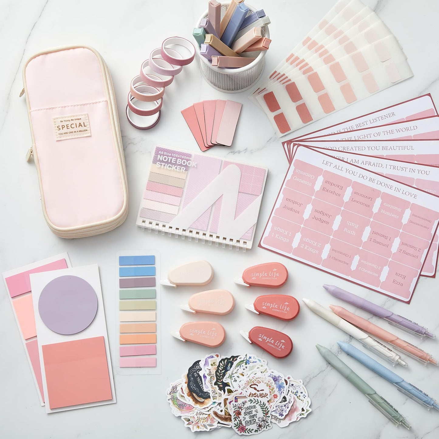 AmazingSpark 95 Pcs Aesthetic Study Kit with Cute Pen Case, Bible Study Journaling Kit, Highlighters, Sticky Notes, Pens, Washi Tapes, for College Students, School Supplies