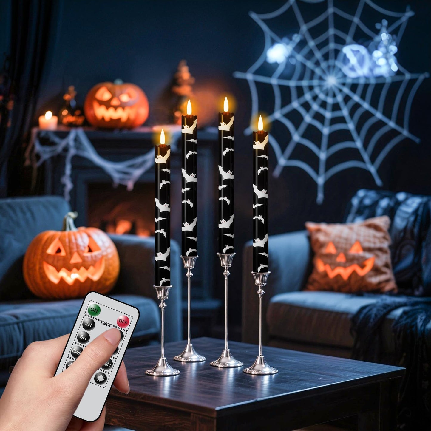 Eldnacele Flameless Flickering Taper Candles with Remote and Timer, Battery Operated Bats Decal Real Wax Black LED Window Candles Set of 4 Fireplace Spooky Halloween Holiday Decor