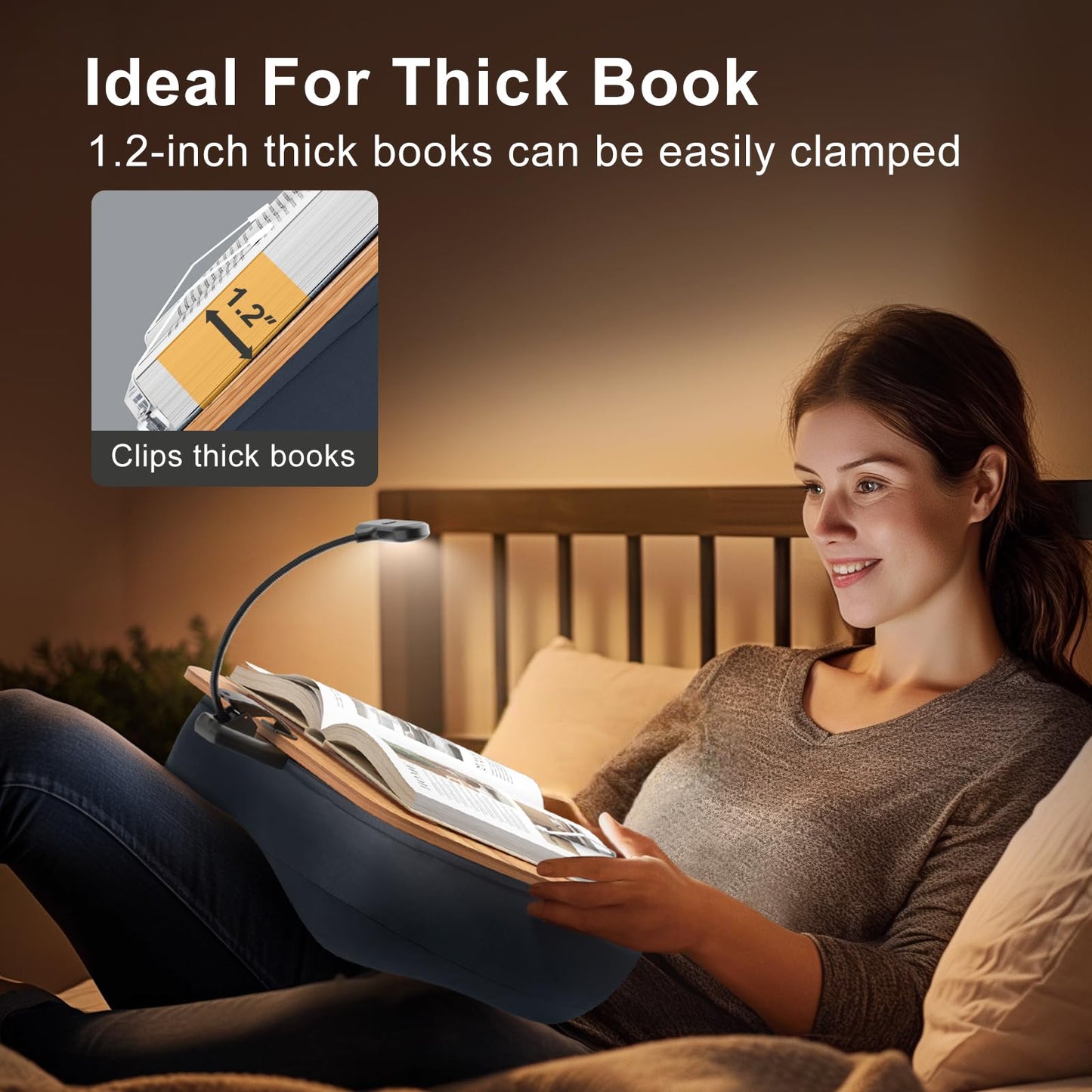 ERGONOV Book Pillow Stand with 6500K Reading Light, Hands Free Book Holder, Comfortable Lap Book Stand for Reading in Bed, Desk, or Sofa, Wooden Book Rest for Book Lovers,AAA Battery Required