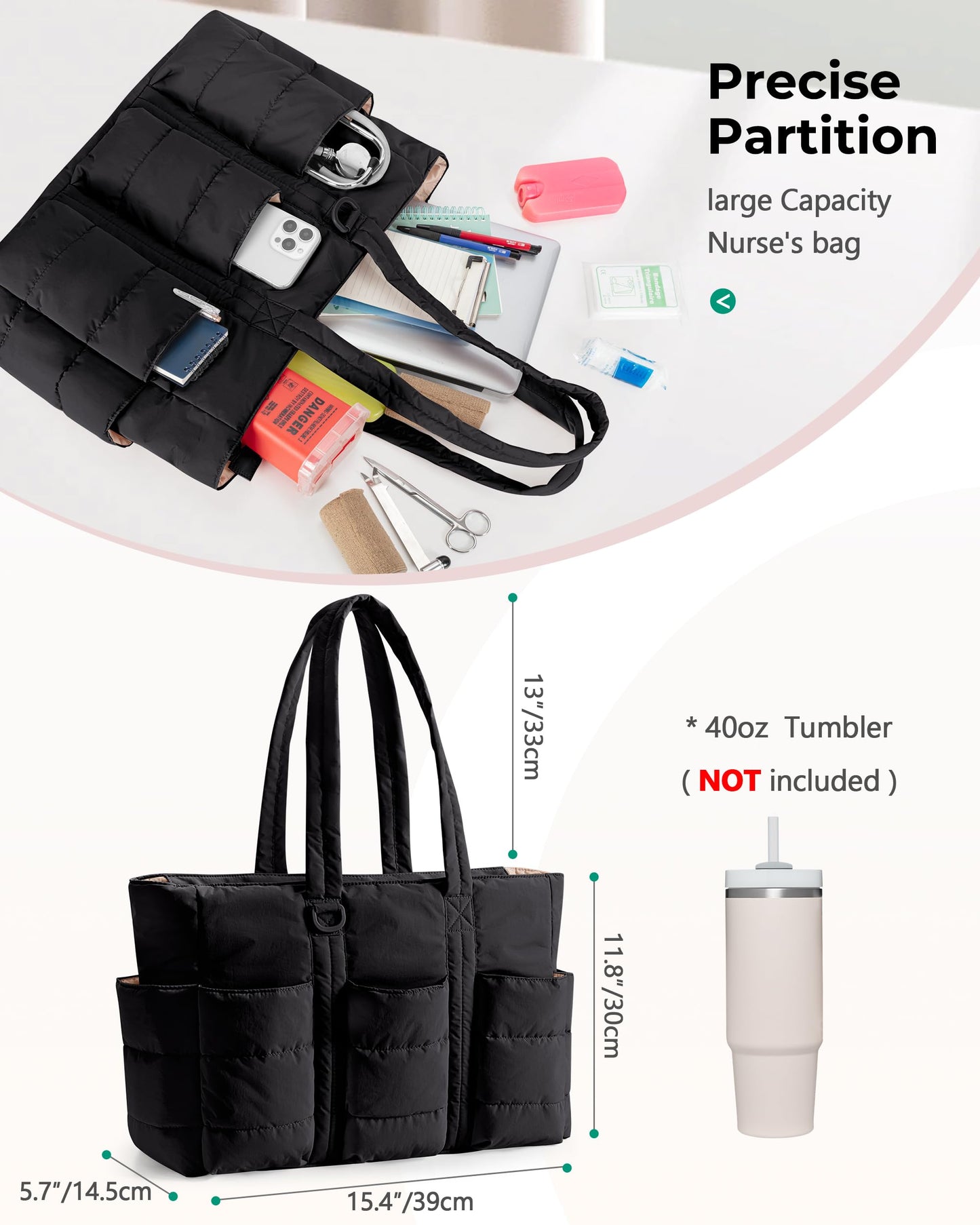 Fasrom 2PCS Nurse Tote Bag Bundle for Work, Structured Clinical Bag and Lightweight Puffer Nursing Tote, Multi-Pocket Nurse Bags for Nurses, Nursing Students, Home Health Care, Black