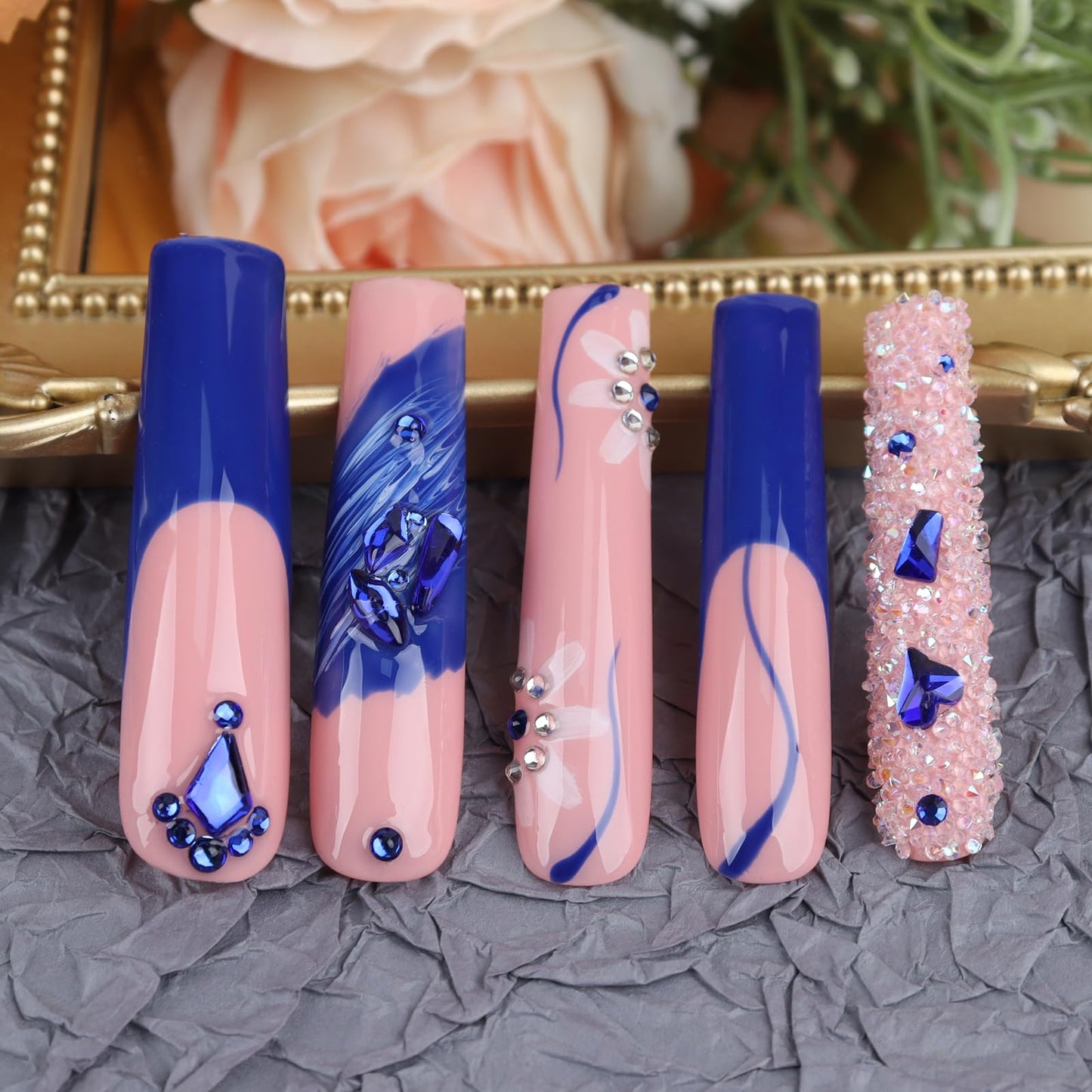 Handmade Long Acrylic Nail Tips, Pink Press on Nails with Full Covered Crystals, Fake Luxury Diamond Nails, Long Square False Nails, Gifts for Women, Reusable Stick On Nails 10Pcs,Bluish pink Size M