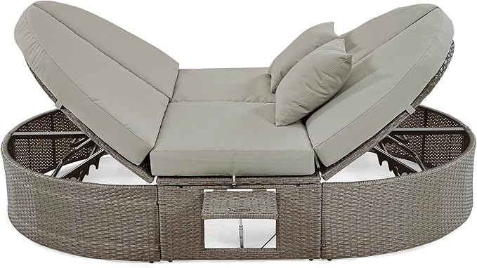 Merax Outdoor Sun Bed Patio 2-Person Daybed with Cushions and Pillows, Rattan Garden Reclining Chaise Lounge with Adjustable Backrests and Foldable Cup Trays for Lawn, Poolside, Grey