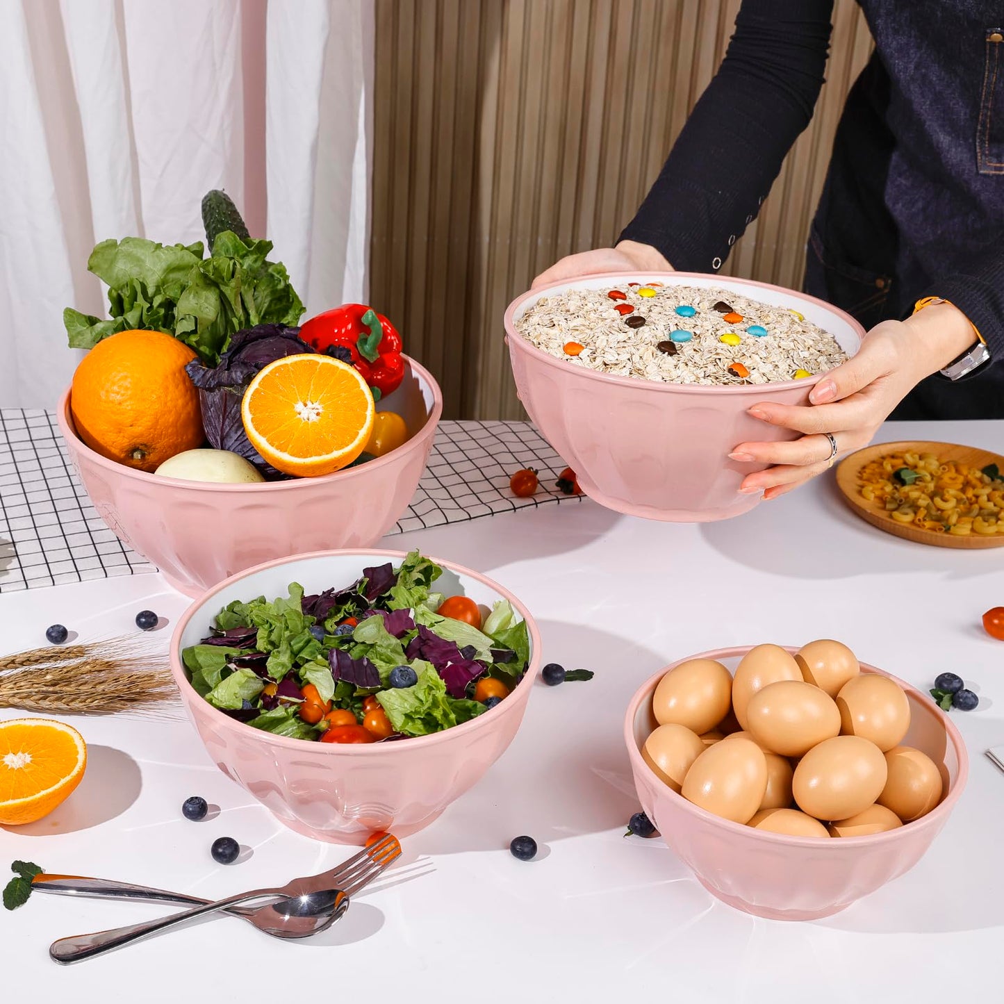 BoxedHome Mixing Bowls with Lids Set, 4PK Large 0.2” Thick Plastic Nesting Mixing Bowl, Microwave Safe,Size 1.37,2.32,3.8 and 5.07qt, Pink