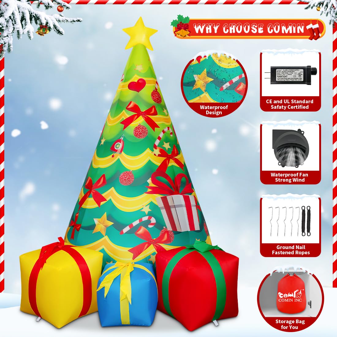 COMIN 7 FT Christmas Decorations Inflatables Tree Outdoor Blow Up Yard Gift Box with Built-in LEDs for Indoor Party Garden Lawn Decor