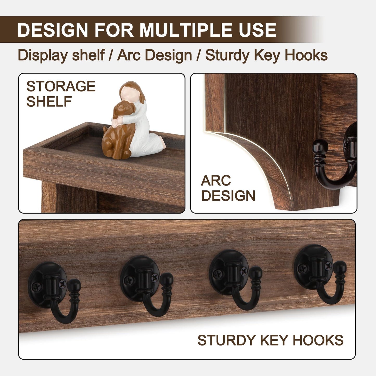 Lucundm Key and Mail Holder Wall Mount, Key Holder with Shelf and Mail Organizer Wall Mount. Mail Holder with 5 Hooks for Coat, Dog Leash, Home Decor Rack, Entry Way Organizer (Brown)