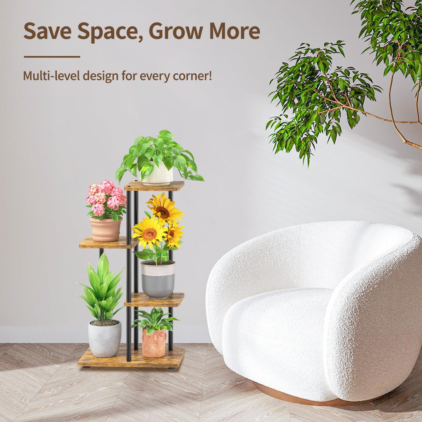 LASZOLA Black 3 Tiered Wood Plant Stand Indoor for Larger Heavy Duty Planter, Sturdy Multi Level Vertical Flowers Racks for Narrow Inside Floor, Decorate Shelving for Hold House Tree, Space Saving