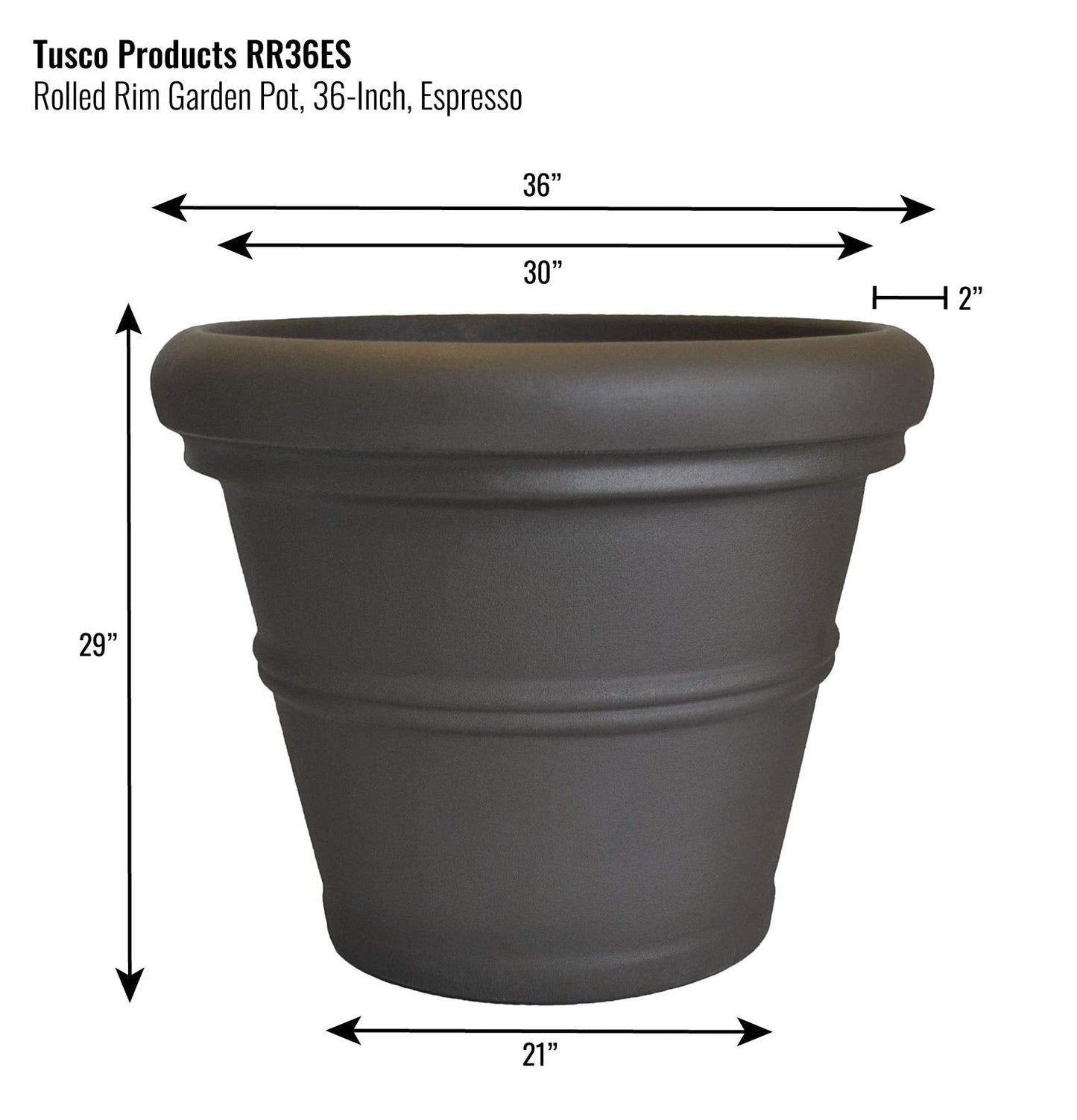 Tusco Products RR36ES Classic Rolled Rim Garden Planter, 36", Espresso