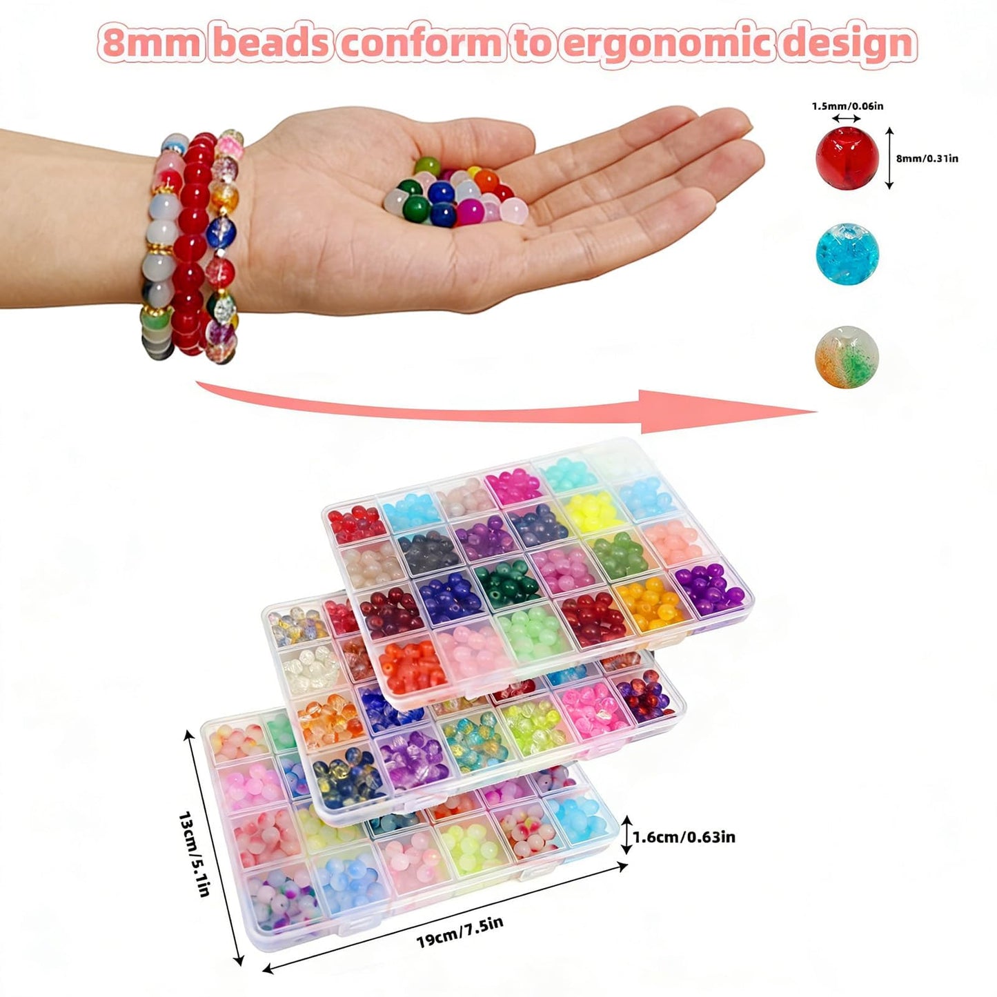 【3 Pack】 8mm Glass Beads for Jewelry Making，1800+pcs 72 Colors Round Crystal Glass Beads DIY Bracelet Making Kit with Accessories，Solid、Crackle and Gradient Colors 3 Box