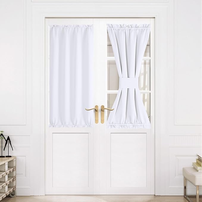 NICETOWN Blackout Door Curtain – Thermal Insulated Blackout Window Cover for French & Front Doors with Adjustable Tieback, Room Darkening Shade for Privacy, Pure White, W30 x L50, 1 Panel