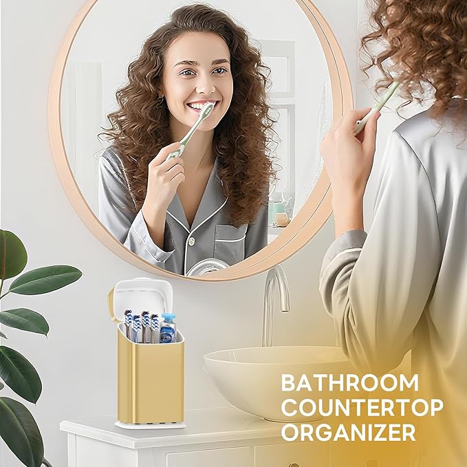 Toothbrush Holder with Cover - 5 Slots Toothbrush Holders for bathrooms, Detachable Bathroom Caddy Organizers and Storage Kids Tooth Brush and Toothpaste Holde, Gold