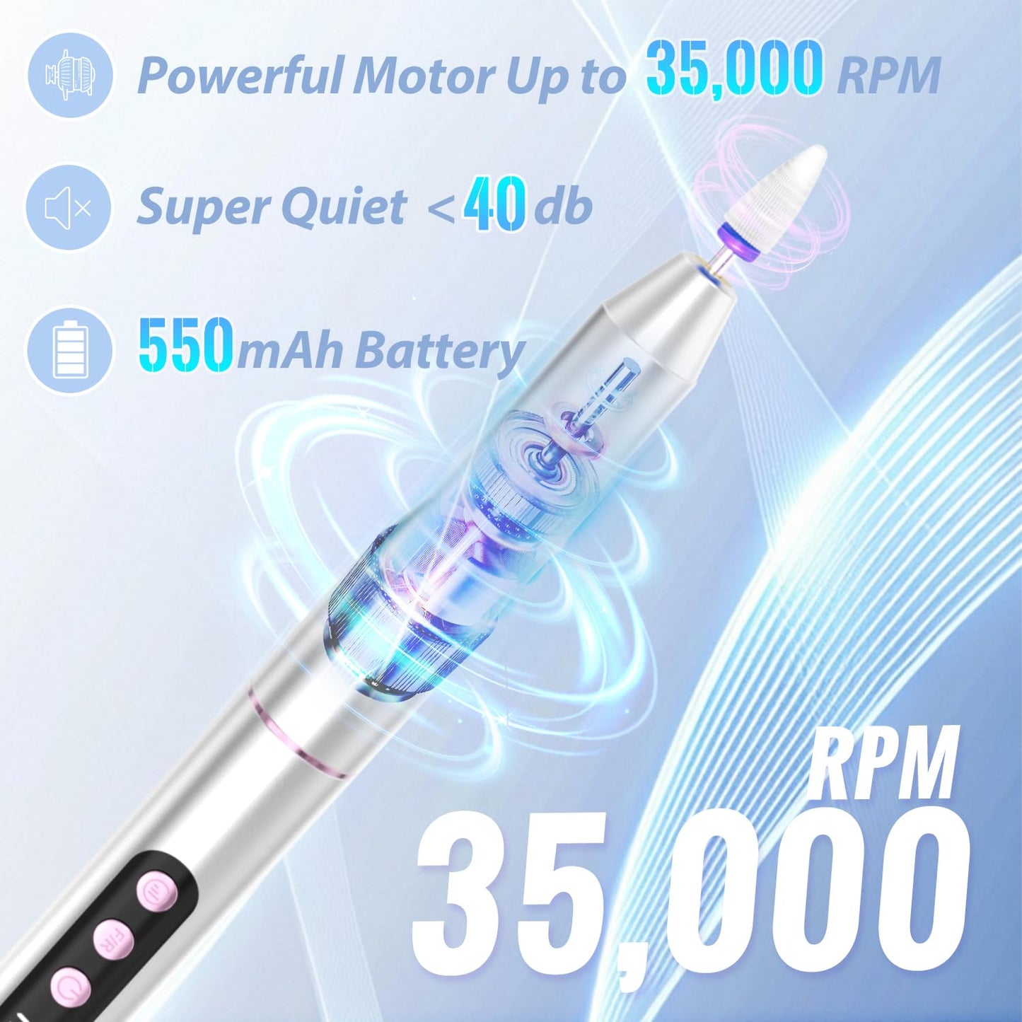 Denabuty Cordless Electric Nail Drill File: 35000RPM Professional Nail Drill Machine with UV LED Nail Lamp Charging Base, Manicure Pedicure Kit E File for Acrylic Gel Dip Powder Polish Silver
