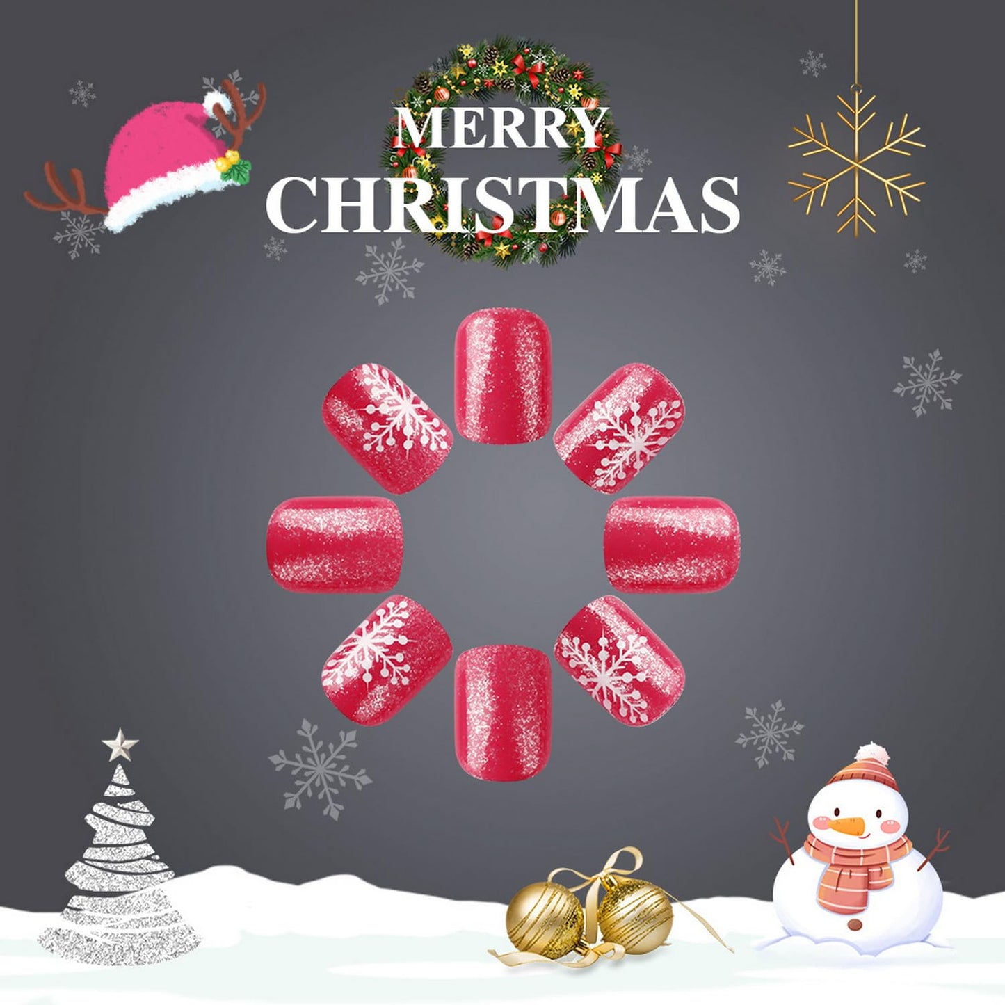Christmas Press on Nails Short Square Fake Nails Red Silvery with Snowflake designs Christmas False Nails Glossy Full Cover Winter Xmas Stick on Nails Glitter Glue on Nails for Women Girls 24pcs