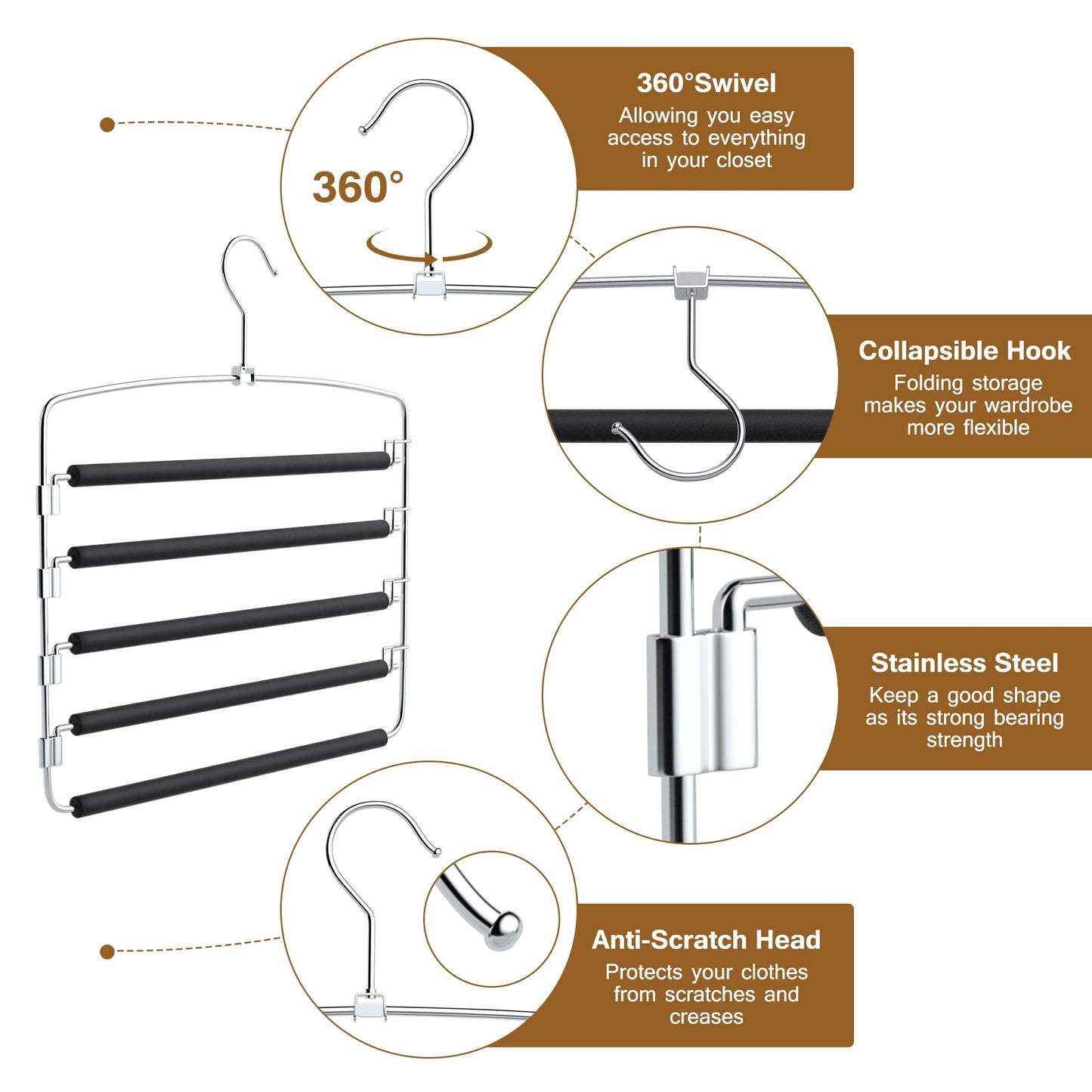 Cycleacc Pants Hangers Space Saving, 2 Pack Anti-Slip Space Saving Hangers, 5 Layer Swing Arm Pants Hanger Stainless Steel with Non-Slip Padding, Closet Organizers & Storage for Pants Trousers Jeans