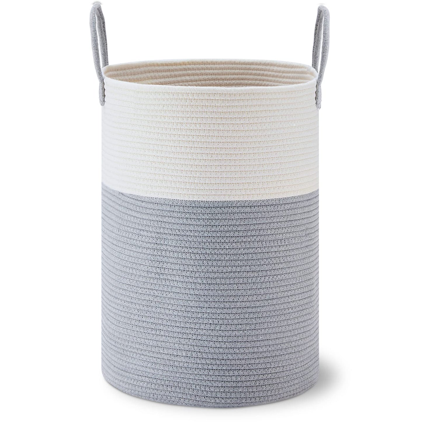 VIPOSCO Large Laundry Hamper, Tall Woven Rope Storage Basket for Blanket, Toys, Dirty Clothes in Living Room, Bathroom, Bedroom - 58L Grey & White