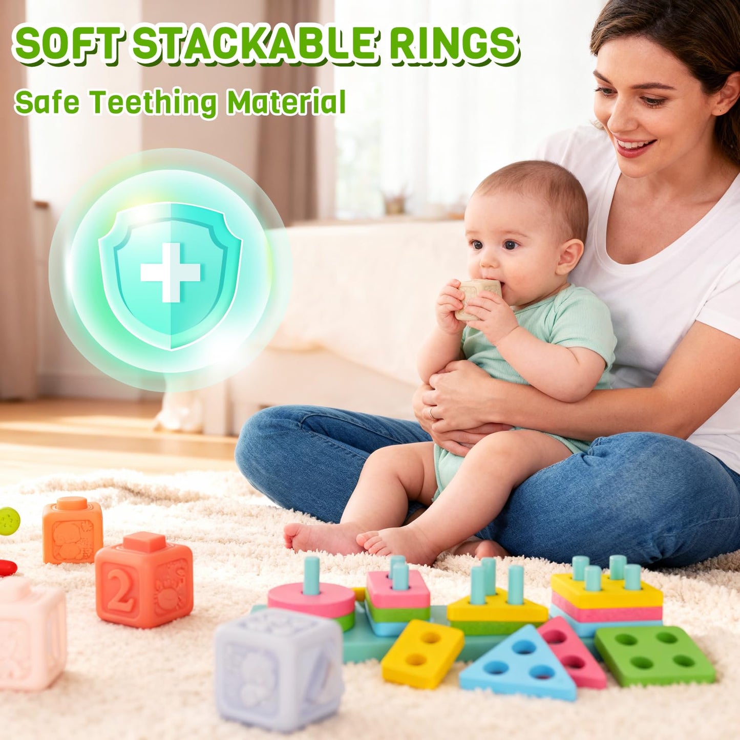 8-in-1 Montessori Baby Toys for 6-12 Months,Babies Travel Toy Set with Stacking Blocks, Pull Teether, Sensory Shape Sorter, Drawing Board & Harmonica, Infant Learning Gift for Toddler 1-3 Year Old
