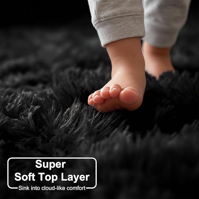 Black Round Rug 7Ft for Bedroom Aesthetic, Fluffy Plush Circle Area Rugs for Living Room, Large Big Fuzzy Modern Cool Carpet for Baby Kids Teen Boys Mens, Office Playroom Nursery Apartment Home Decor