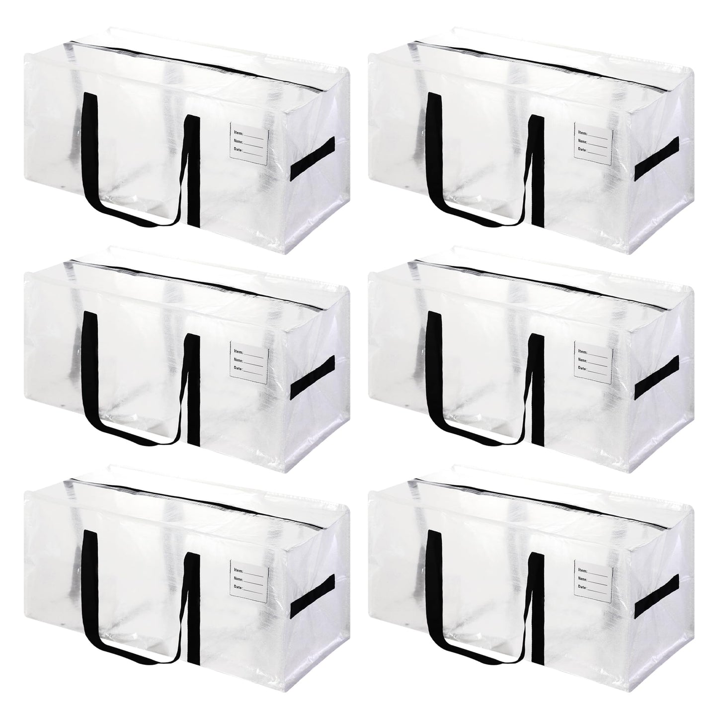 6 Pack Heavy Duty Extra Large Moving Bags with Black Handles, Waterproof Foldable Storage Totes, Clothing Storage Bags, Packing Moving Boxes for College Supplies & Seasonal Storage, Clear
