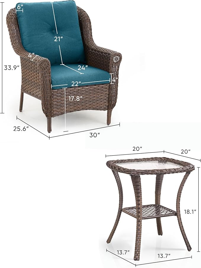 3 Piece Patio Brown Wicker Chairs with Side Table - Outdoor High Back Heavy Duty All-Weather Lawn Dining Rattan Chair Conversation Bistro Set for Deck Porch Balcony Garden - Peacock Blue