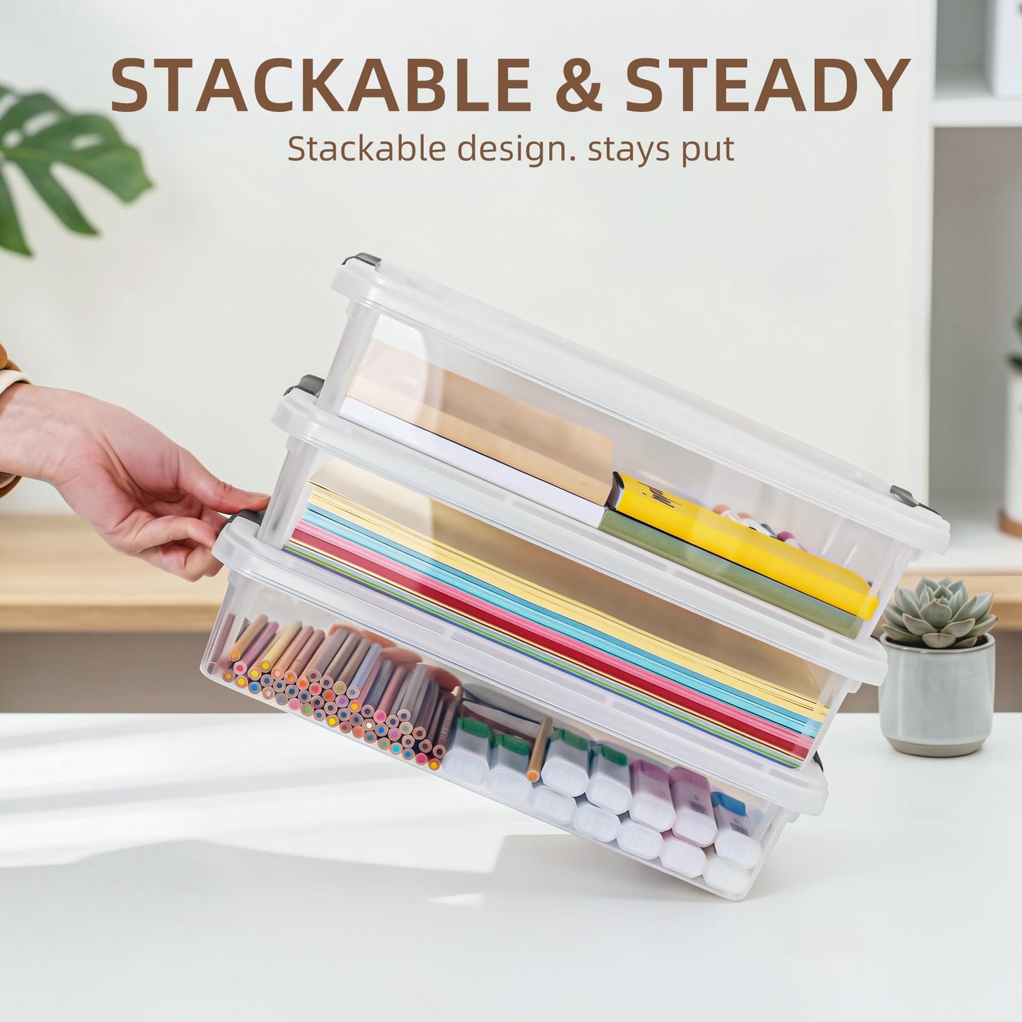 Citylife 3 PCS Plastic Storage Bins with Latching Lids Portable Project Case Clear File Box Stackable Storage Containers for Organizing A4 Paper, Photo, Document, Scrapbook
