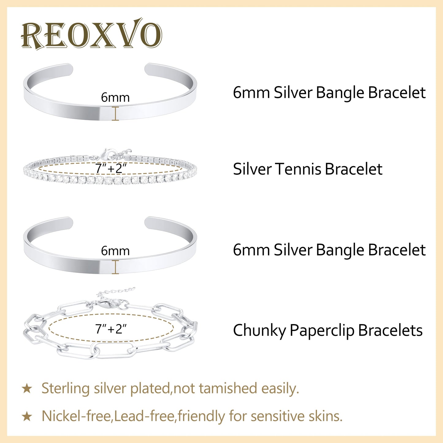 Reoxvo 925 Sterling Silver Plated Tennis Bracelets Stack for Women Double Dual Silver Bangle Cuff Bracelets for Women
