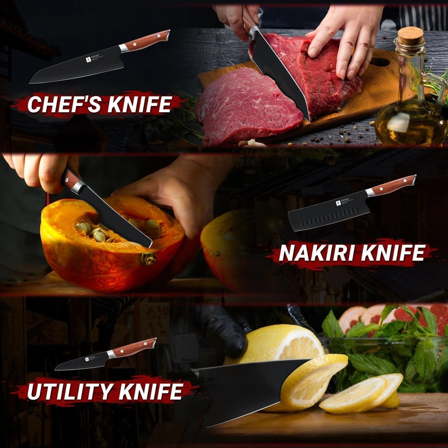 TIVOLI 3 Piece Kitchen Knife Set - High Carbon Steel Black Blade Rustproof Coating - Chef Knife Set with Ergonomic Wood Handle, Cooking Knives for Meat Vegetable Fruit, Gift Box Sharp Knives