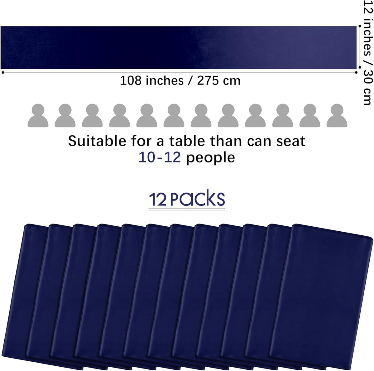 Aneco 12 Pack Satin Table Runner 12 x 108 Inch Navy Blue Long Wedding Satin Silk Table Runner for Wedding Banquet Graduations Birthday Party Decoration